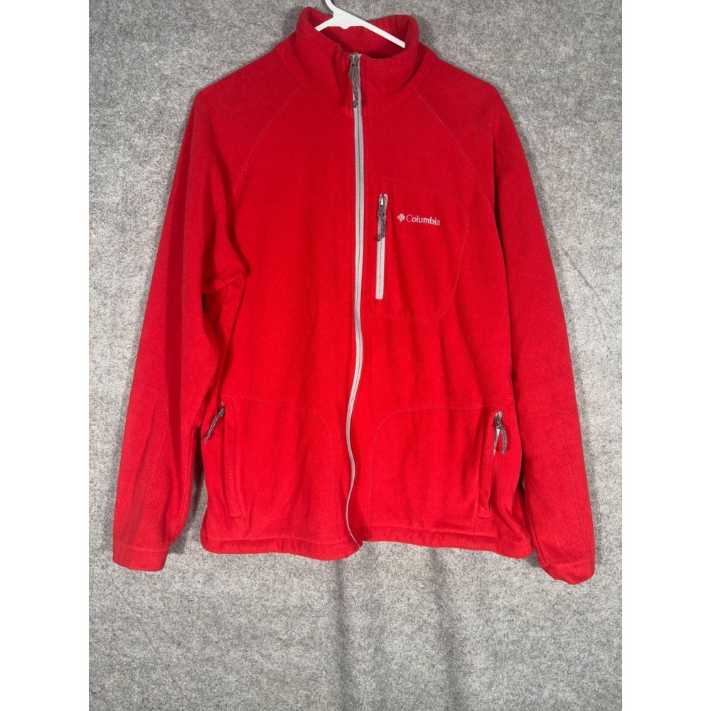 Columbia Mens Full Zip Fleece Jacket Red Grey Mock Neck Large Outdoor Hiking